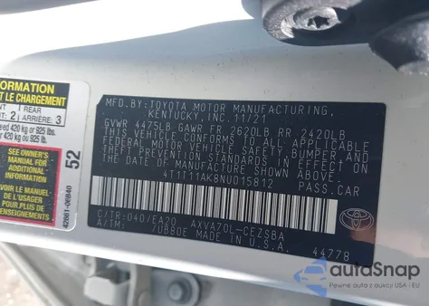 2022 Toyota Camry Se z USA, uszkodzony, nr VIN 4T1T11AK8NU015812